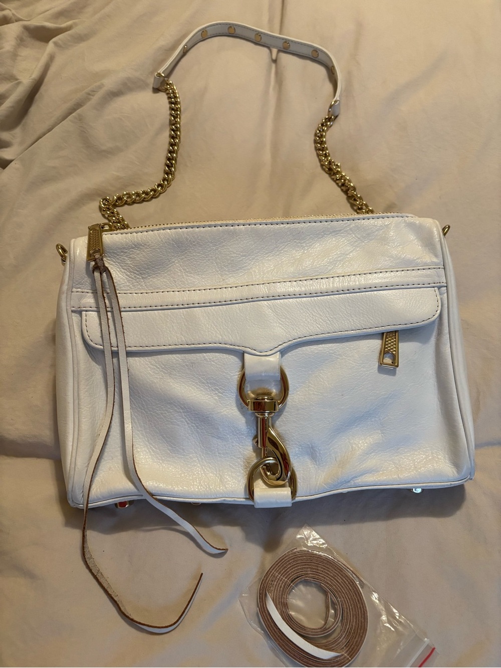 Rebecca Minkoff White Leather Shoulder Bag with Gold Chain